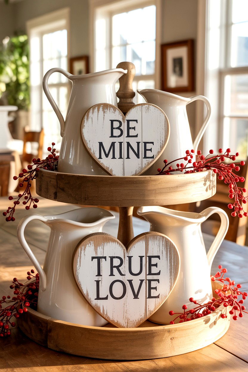 Wood Heart Signs - 25 Farmhouse Valentine's Day Tiered Tray Ideas