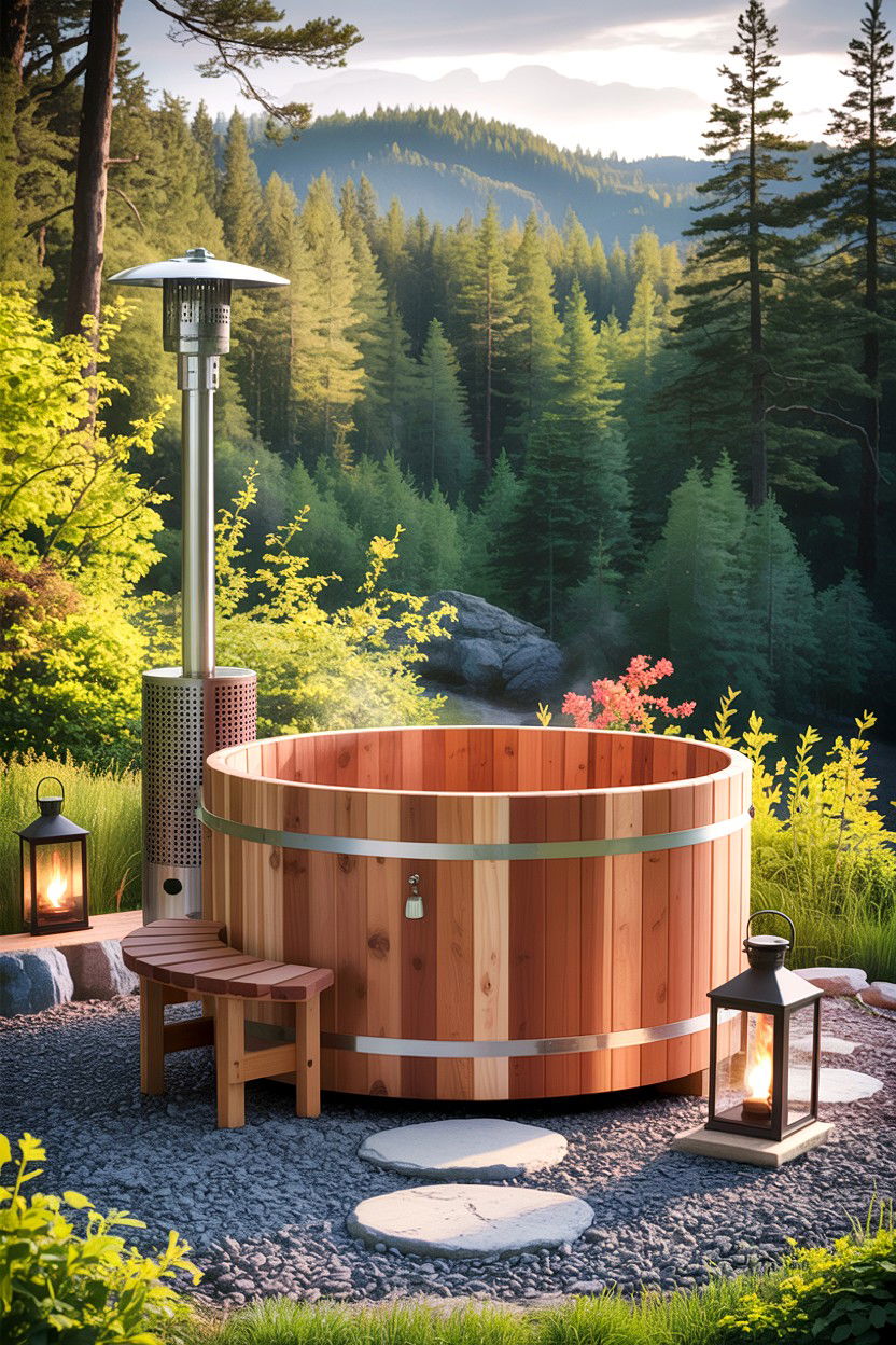 Wood fired cedar hot tub setting - 30 backyard hot tub ideas