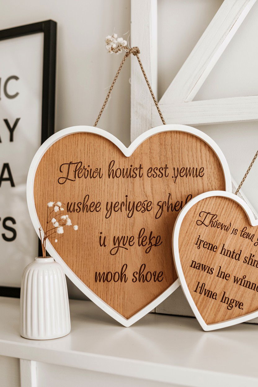 Wood heart signs - 25 Valentine's Day Shelf Decor Ideas