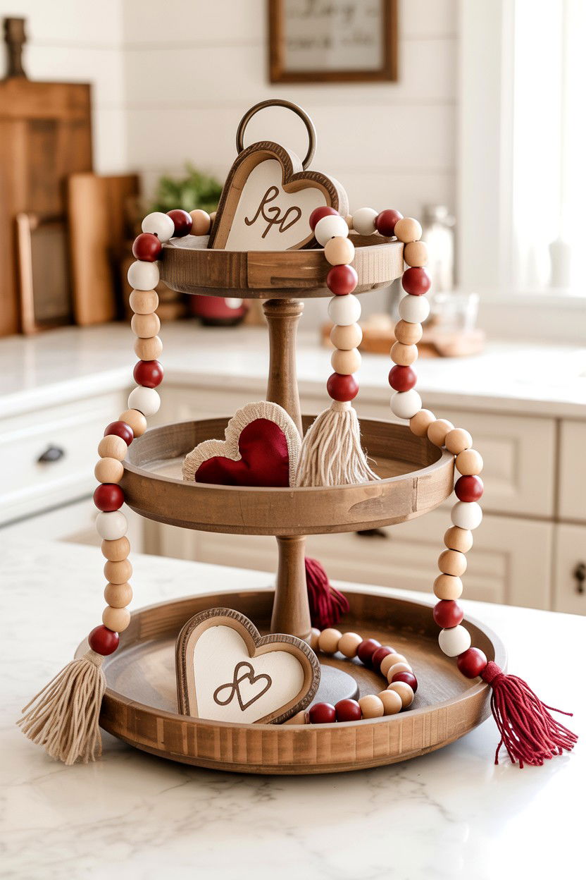 Wooden Bead Garland - 25 Farmhouse Valentine's Day Tiered Tray Ideas