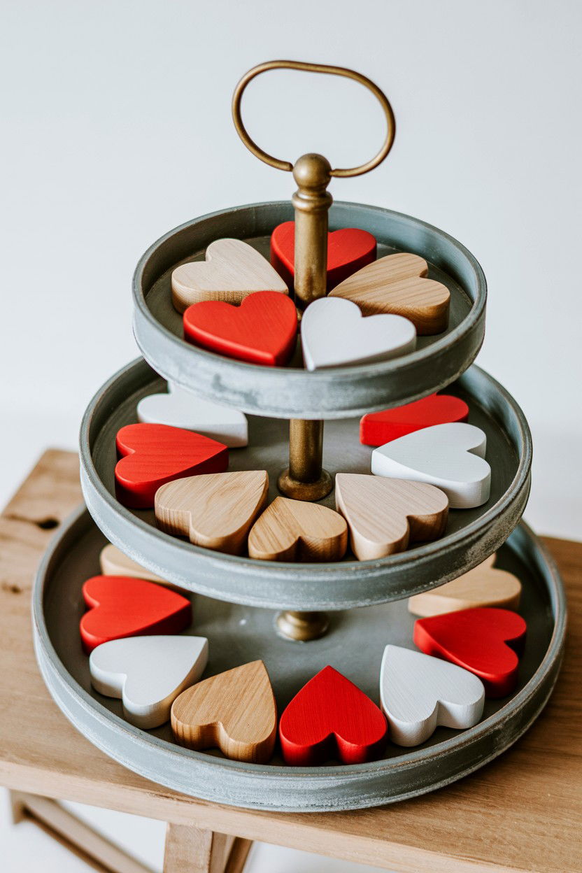 Wooden Heart Decor - 25 Neutral Valentine's Day Tiered Tray Ideas
