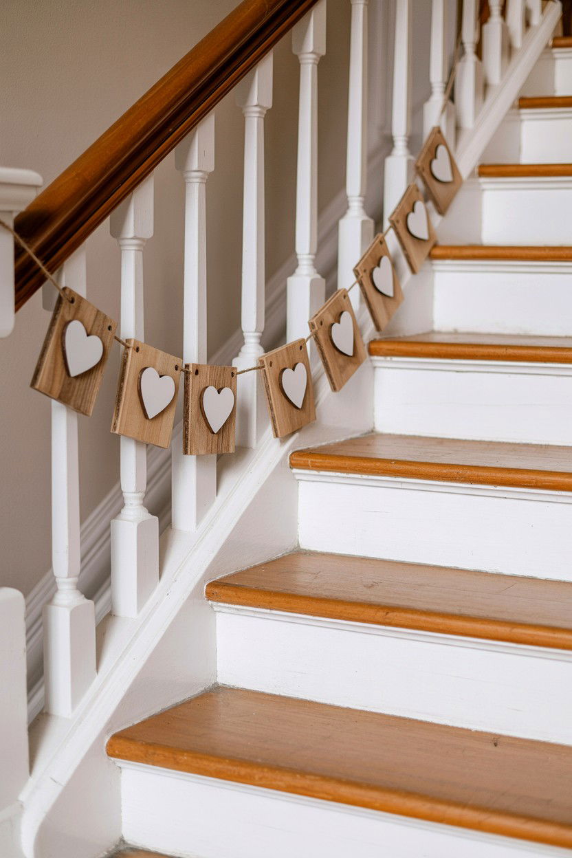 Wooden heart banner for banister - 25 Valentine's Day Staircase Decor Ideas