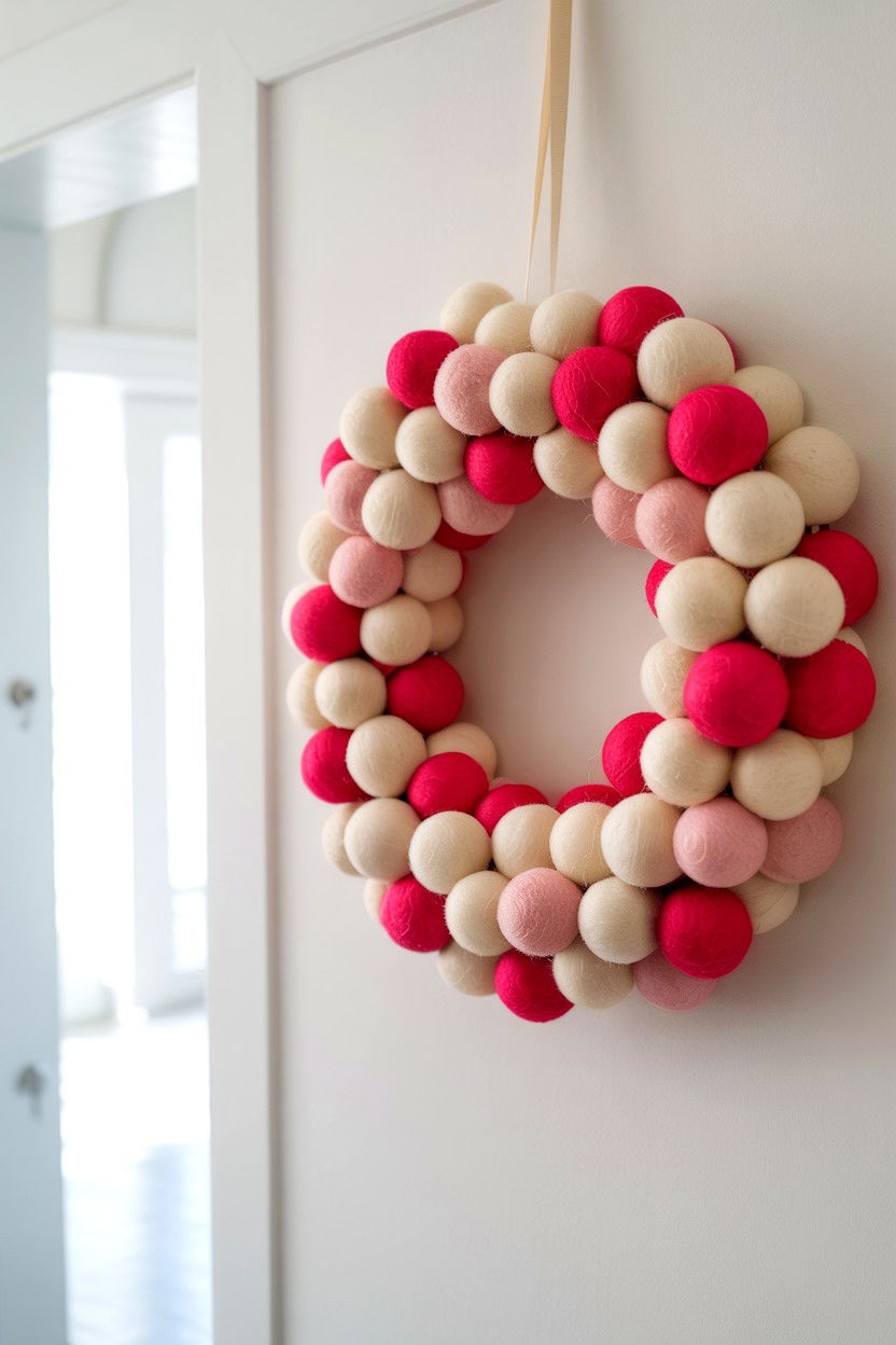 Wool Felt Ball Wreath - 25 Felt Valentine's Day Wreath Ideas