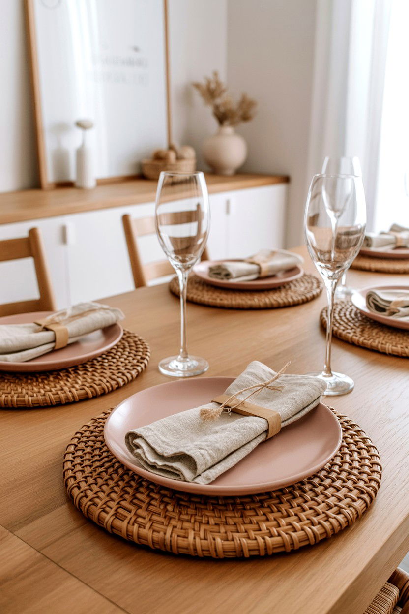 Woven rattan chargers - 25 Valentine's Day Dining Room Decor Ideas