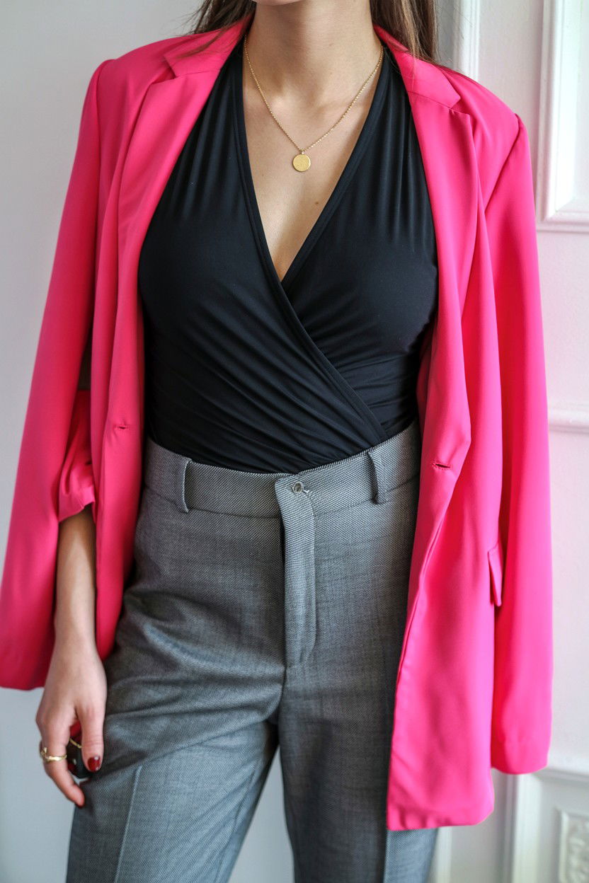 Wrap Style Bodysuit With Slacks - 25 Valentine's Day Bodysuit Outfits