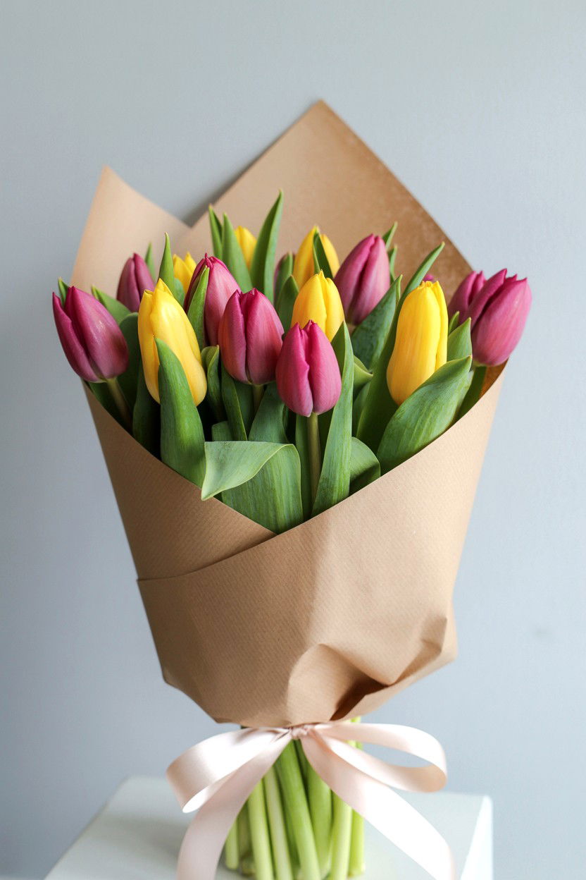 Wrapped Tulip Gift Bouquet - 25 Valentine's Day Tulip Arrangement Ideas