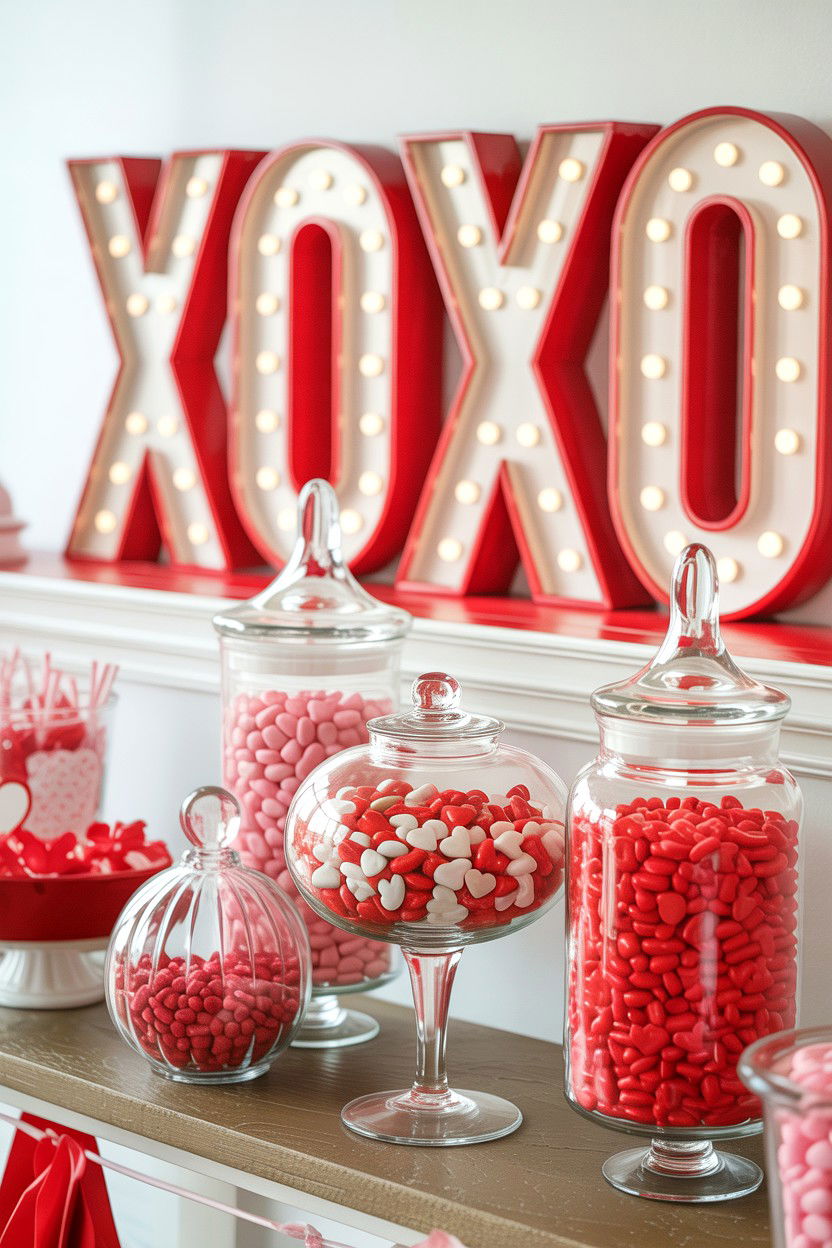 XOXO themed candy buffet - 25 Valentine's Day Dessert Table Ideas