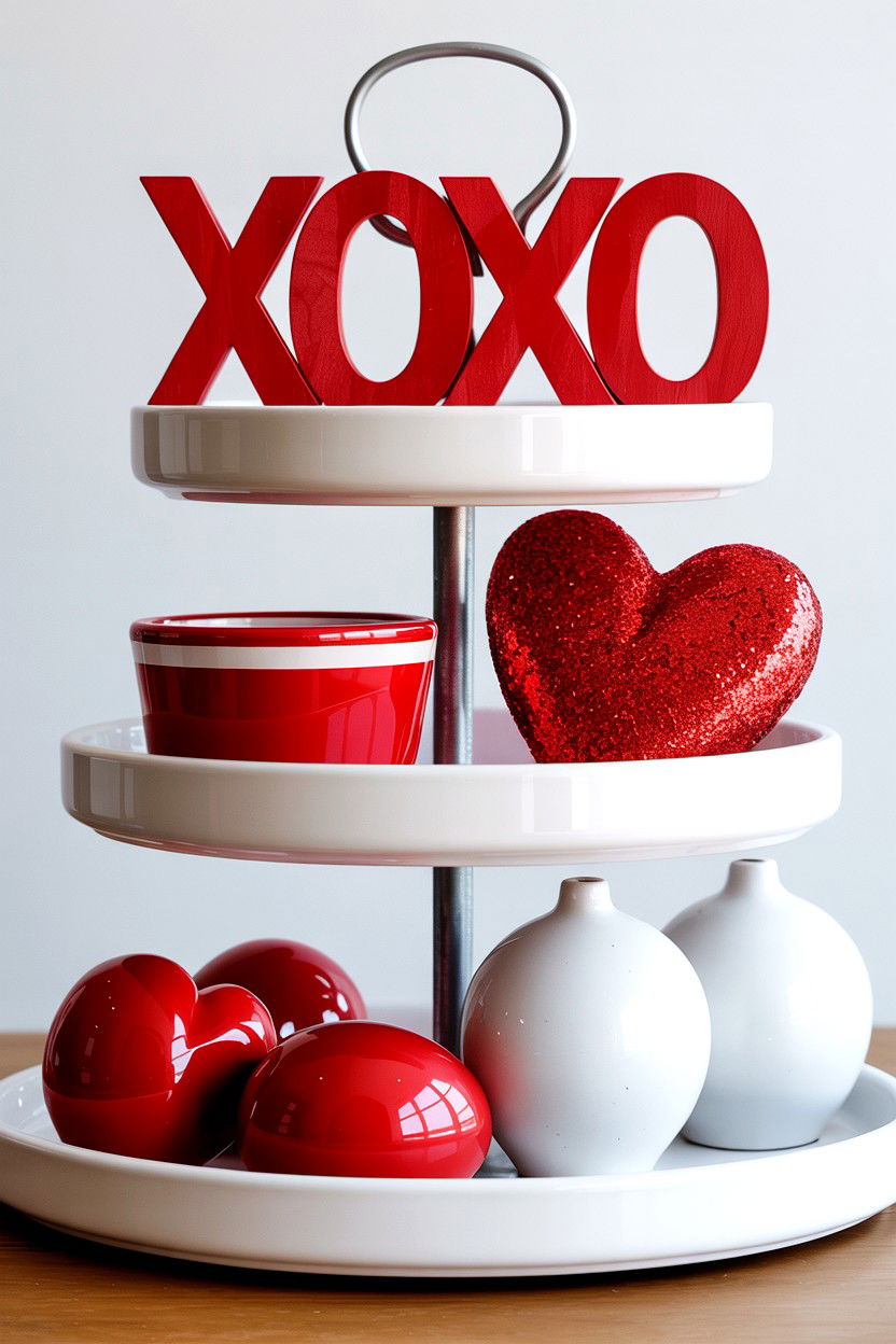 XOXO tiered tray - 25 Red Valentine's Day Tiered Tray Ideas