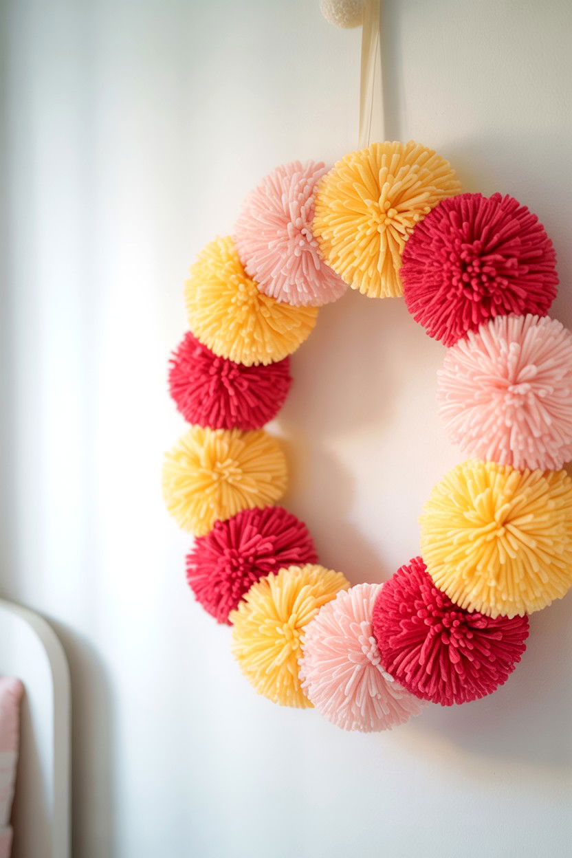 Yarn Pom Pom - 25 Elegant Valentine's Day Wreath Ideas