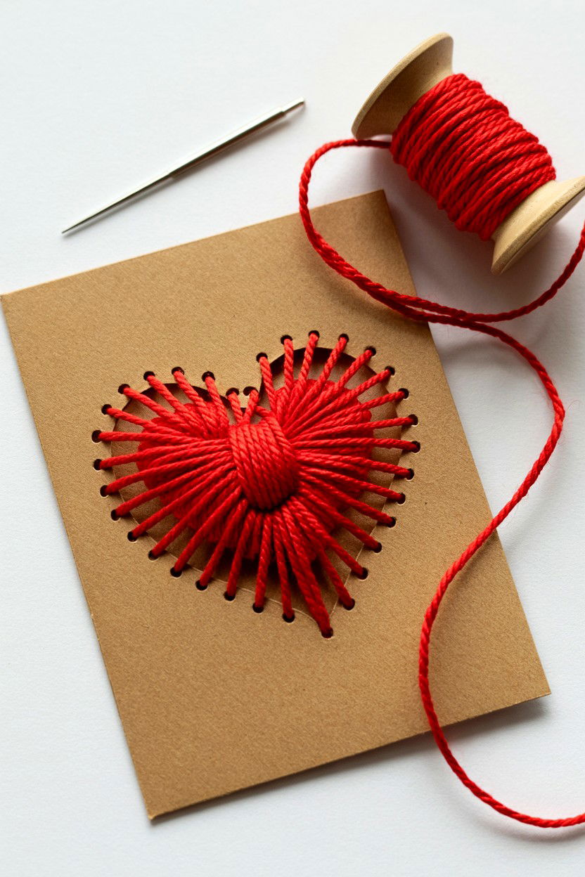 Yarn Stitched Heart - 25 Easy Valentine's Day Card Ideas