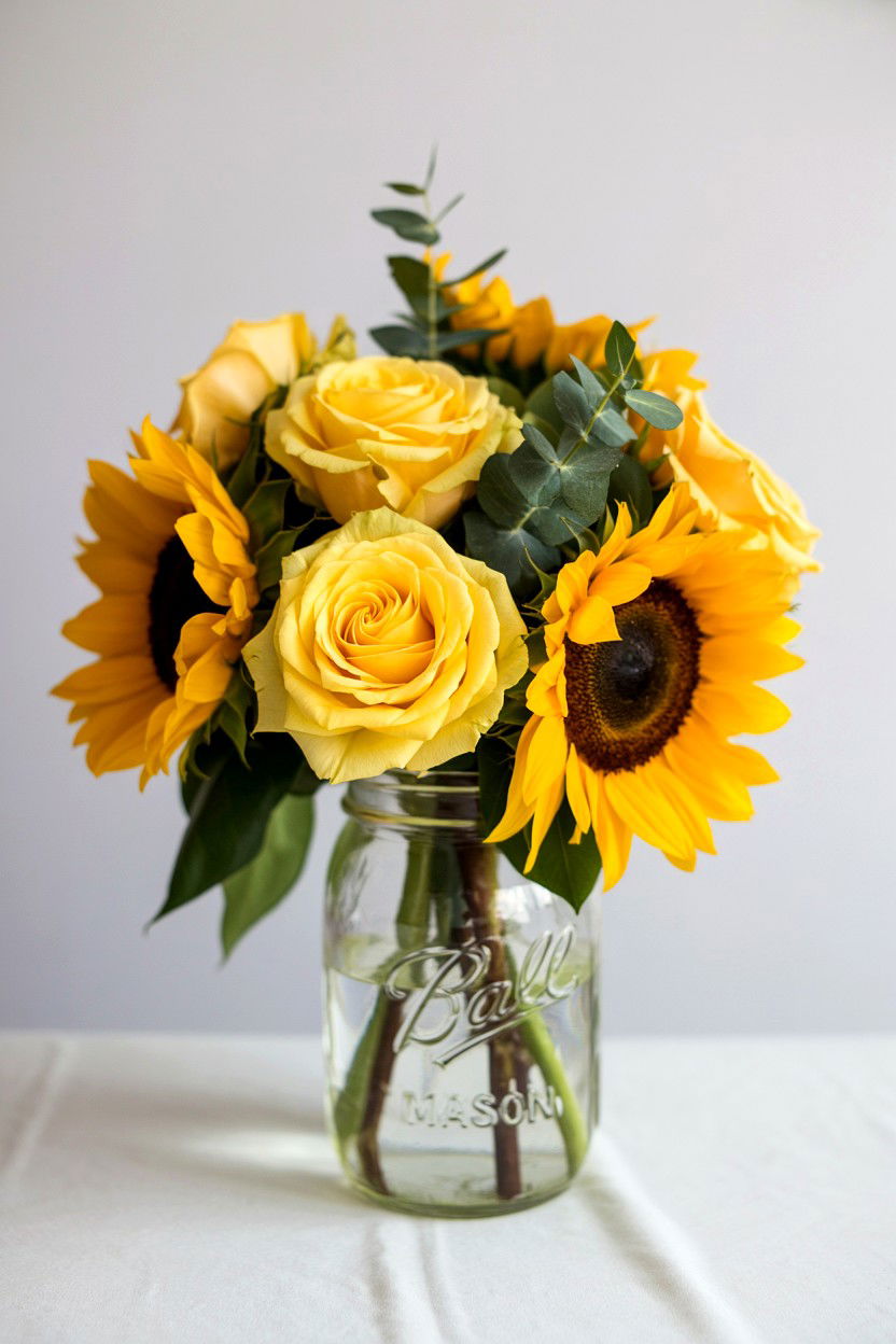 Yellow rose and sunflower mix - 25 Valentine's Day Rose Arrangement Ideas